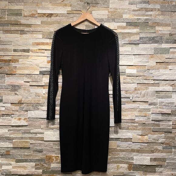 Joseph Ribkoff Black Dress LBD | Silver Beaded Mesh Sleeves, Y2K Glam, NWOT $390 - Picture 5 of 8